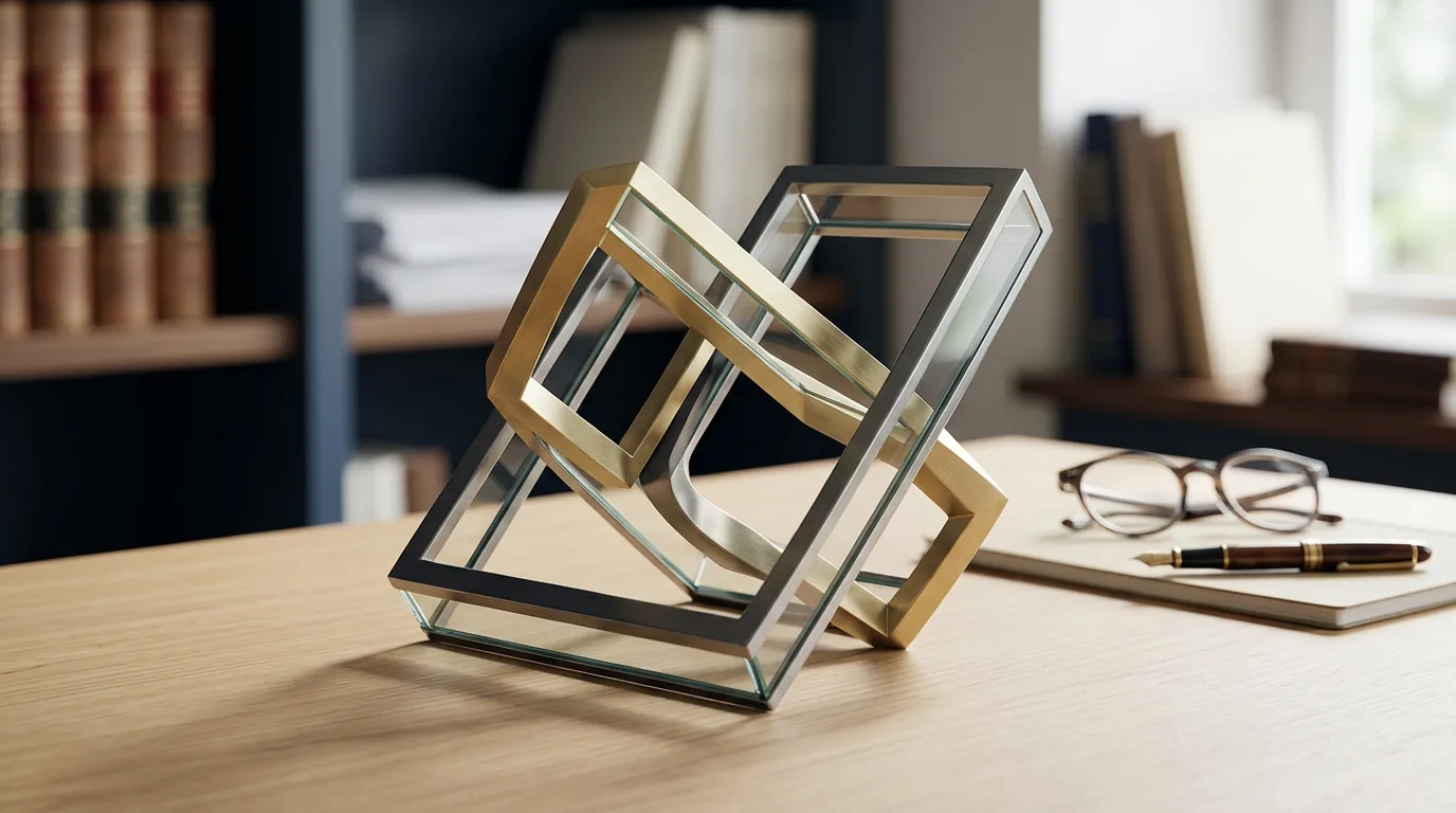 Geometric metal and glass sculpture on a wooden desk beside reading glasses and a notebook.