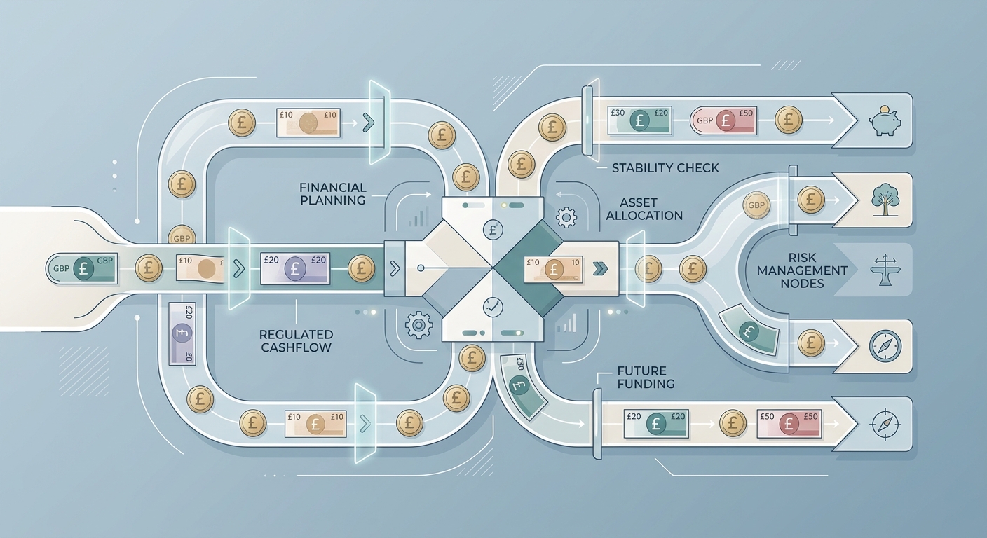 A graphic illustration showing British pound banknotes flowing through a series of financial checkpoints, symbolising efficient cashflow management during an economic downturn for SMEs.