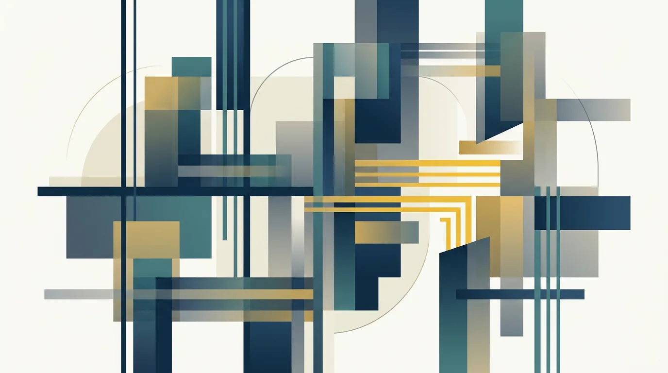 Abstract geometric composition of overlapping blue, teal, and yellow rectangles with intersecting lines