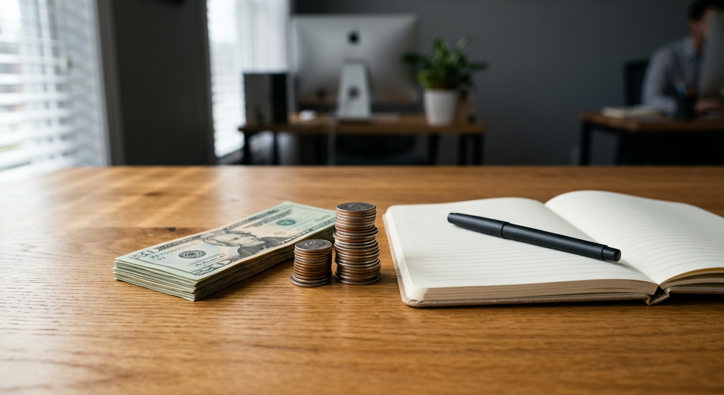 Close-up of UK currency notes and coins stacked on a desk, next to an open notebook, representing business cashflow management.