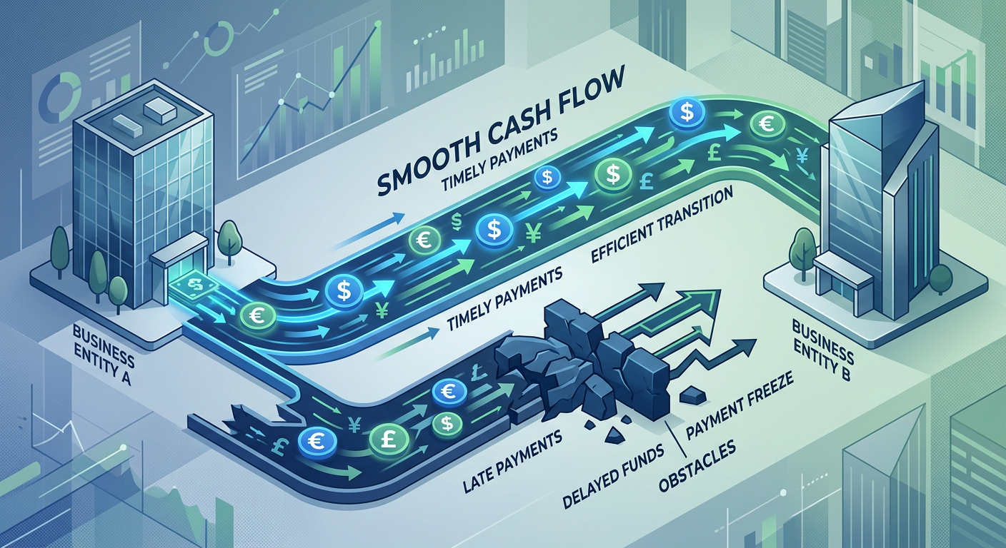 Abstract representation of smooth cash flow, with obstacles symbolising late payments disrupting the financial movement between businesses.