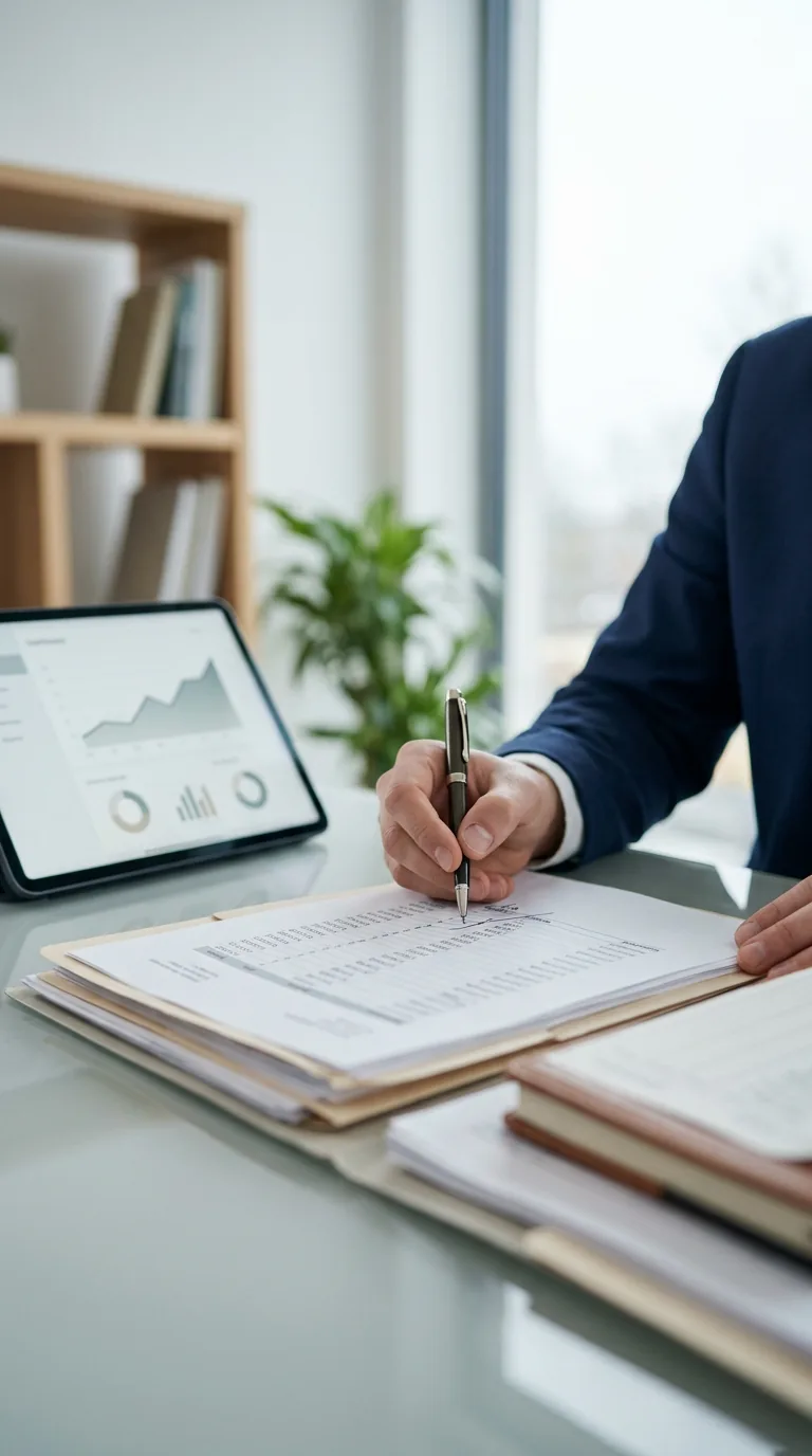 A person in a suit reviews financial paperwork beside a tablet displaying data charts.