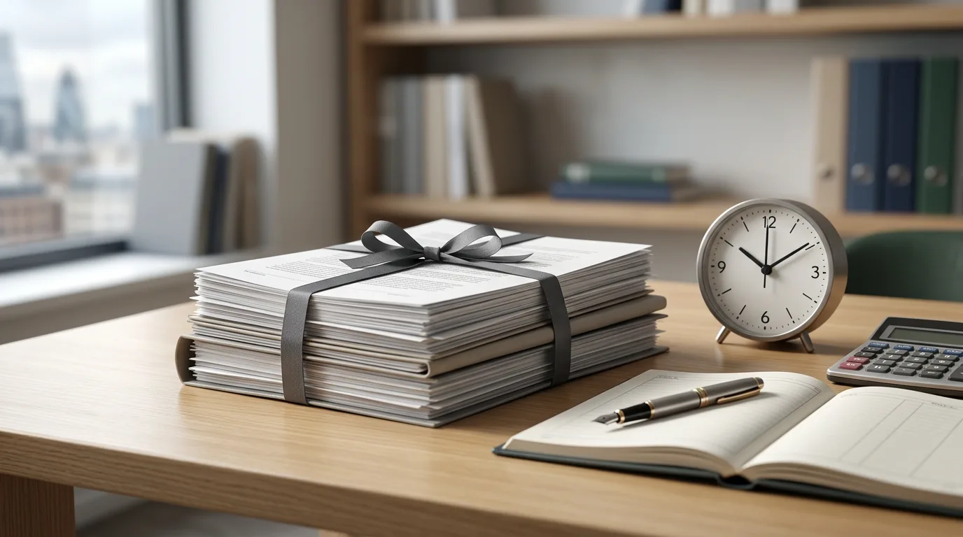 Tied stack of documents on an office desk beside a clock, notebook, and calculator